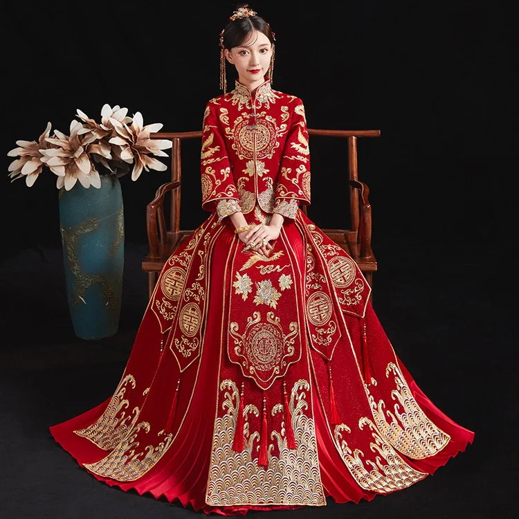 

Xiuhe Chinese Bridal Clothing Wedding Dress Toasting Dragon Phoenix Jacket Women's Summer Wedding Clothing