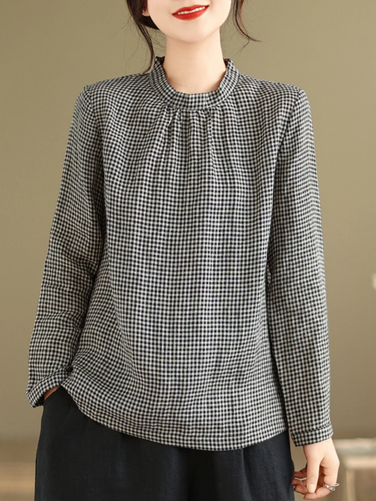 Retro Cotton Linen Plaid irt Women's Spring Autumn Loose Casual Stand Collar Long Sve T-irt Top Faion Commute Sle