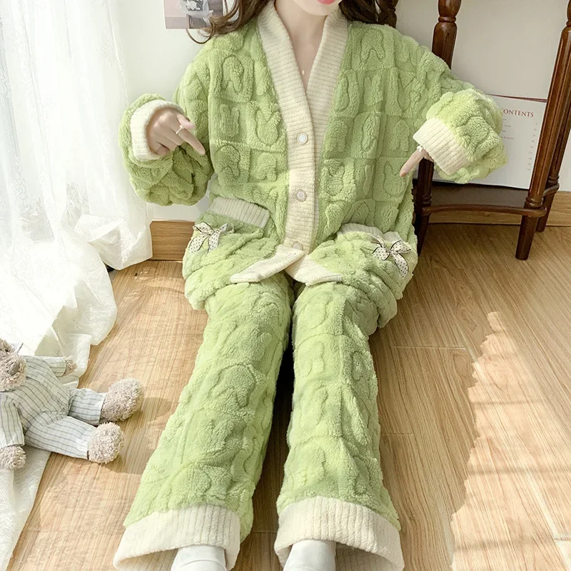 5XL Plus Size Winter Pajamas Women Thickened Warm Homewear Korean Students Coral Velvet Cardigan Trousers Suit Loose Outwear