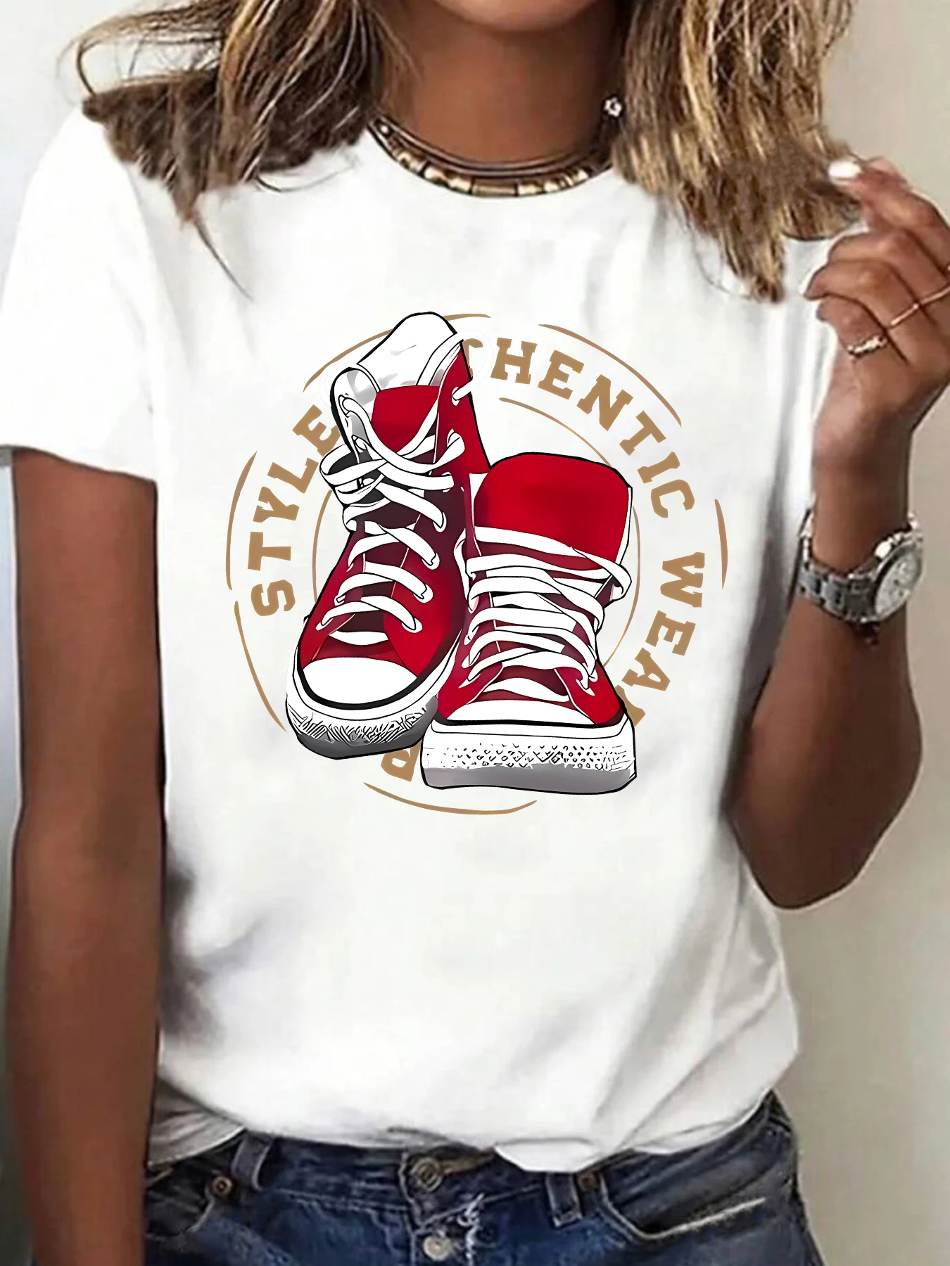 

Red sports shoe pattern women daily short sleeved T-shirt summer top trendy and fashionable women clothing