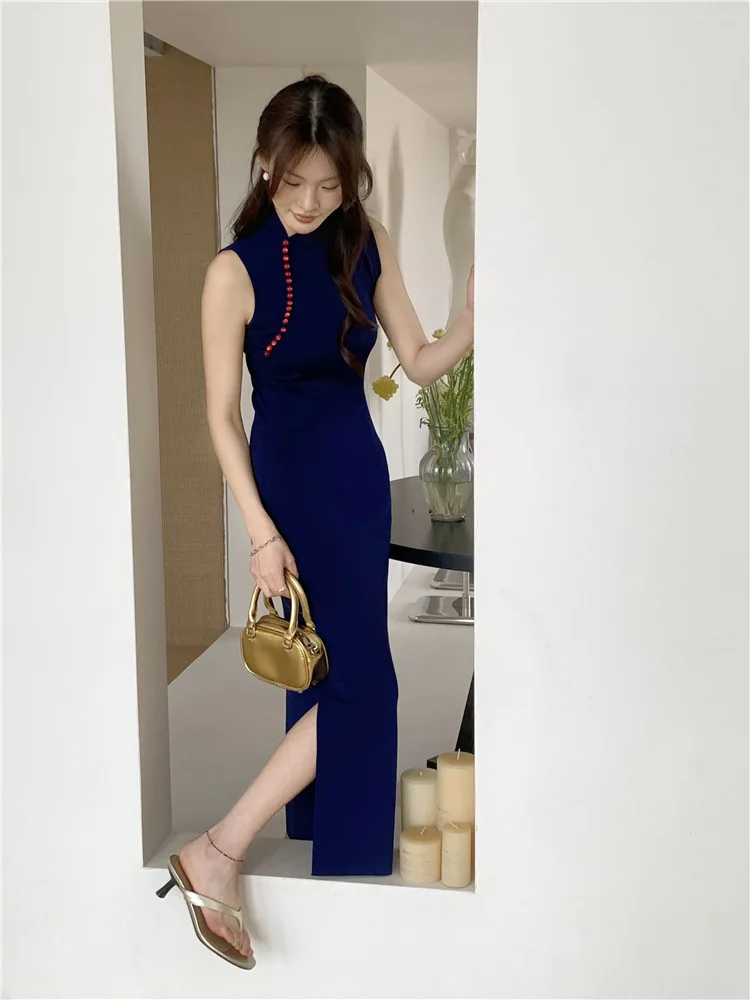 8057 Beiping Past Story Cheongsam, новое летнее длинное платье с высоким воротником и бисером, утягивающее талию, с разрезом
