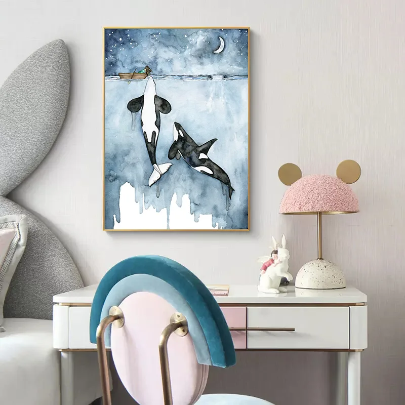 Акварельная гигантская морская КИТ, орка и девушка, печатный плакат, холст, живопись, абстрактная Морская жизнь, настенное искусство для детской комнаты, декор для комнаты мальчика