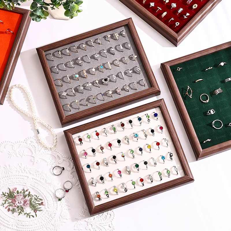 1Pc Wood Framed Velvet Ring Jewelry Tray, Multi-color Ring Earring Display Organizer Tray For Jewelry Shop Counter Decoration