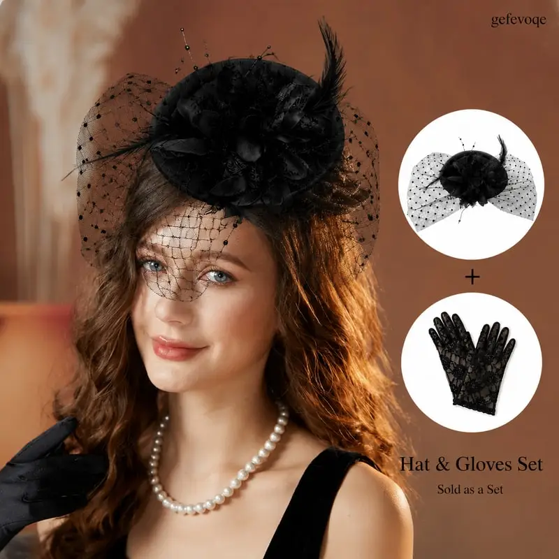 

Fascinator Hat and Lace Gloves Set Vintage Mesh Veil Headpiece for Women Tea Party Cocktail Bridal Hair Accessories