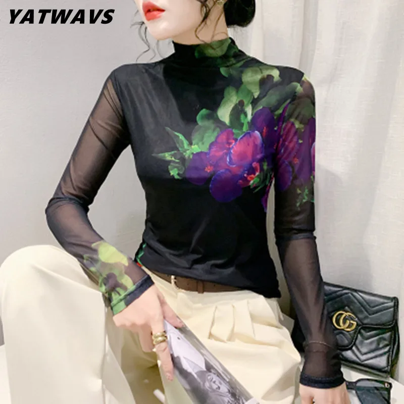 

Women's Vintage Flower Printing Mesh T-Shirt Autumn And Winter Fashion High Neck Long Sleeve Ladies Street Slim Blouse Top