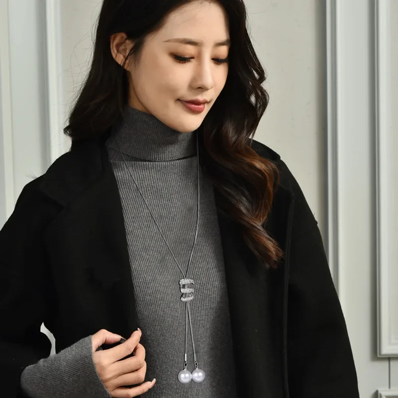 Цепочка для свитера с жемчужной кисточкой, длинная, универсальная на осень и зиму, трехслойное женское колье с бриллиантами