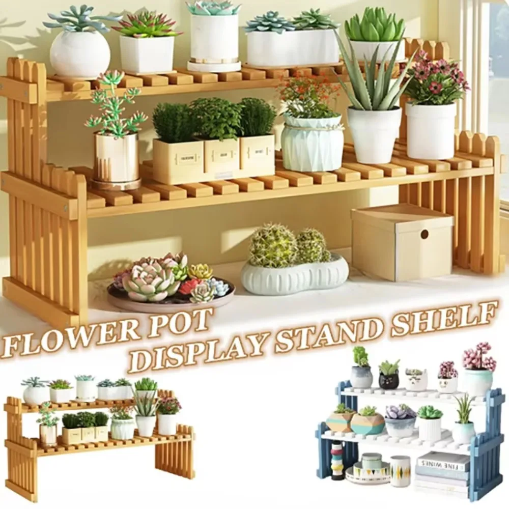 Indoor Plants Holder Wood Shelf 2 Tier Plant Shelf Pot Organizer Bookshelf Balcony Plant Flower Rack Storage Flower Pot Shelves