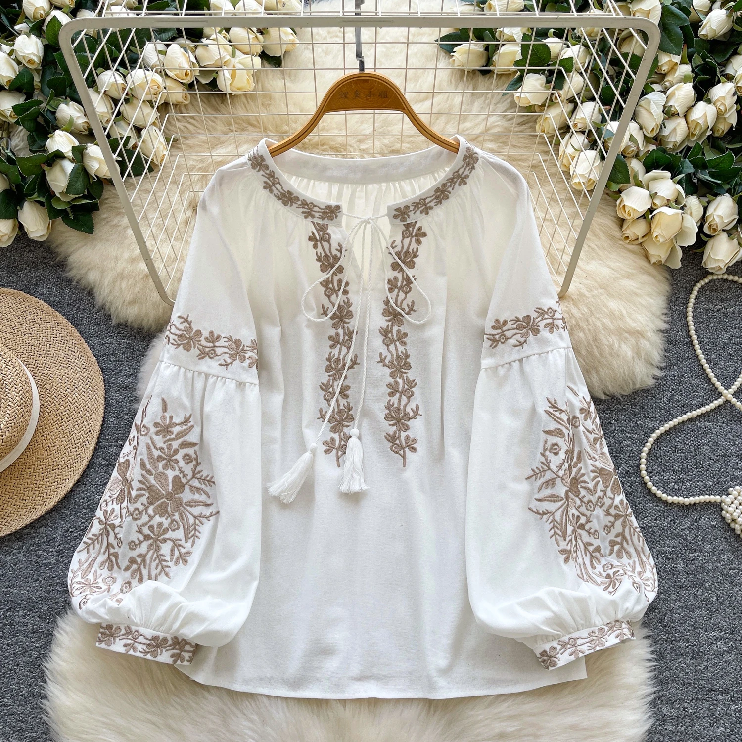 chic vintage Embroidered loose long sleeve korean fashion blouse Female autumn women clothing
