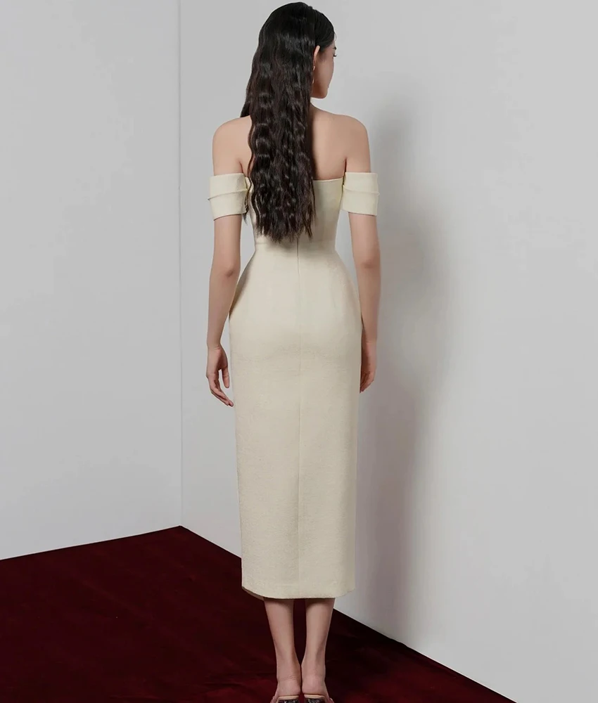 Customized New fashion Jersey Straight Off the Shoulder Evening Dress Delicate Short Sleeves Strapless Ankle Length Party Gowns