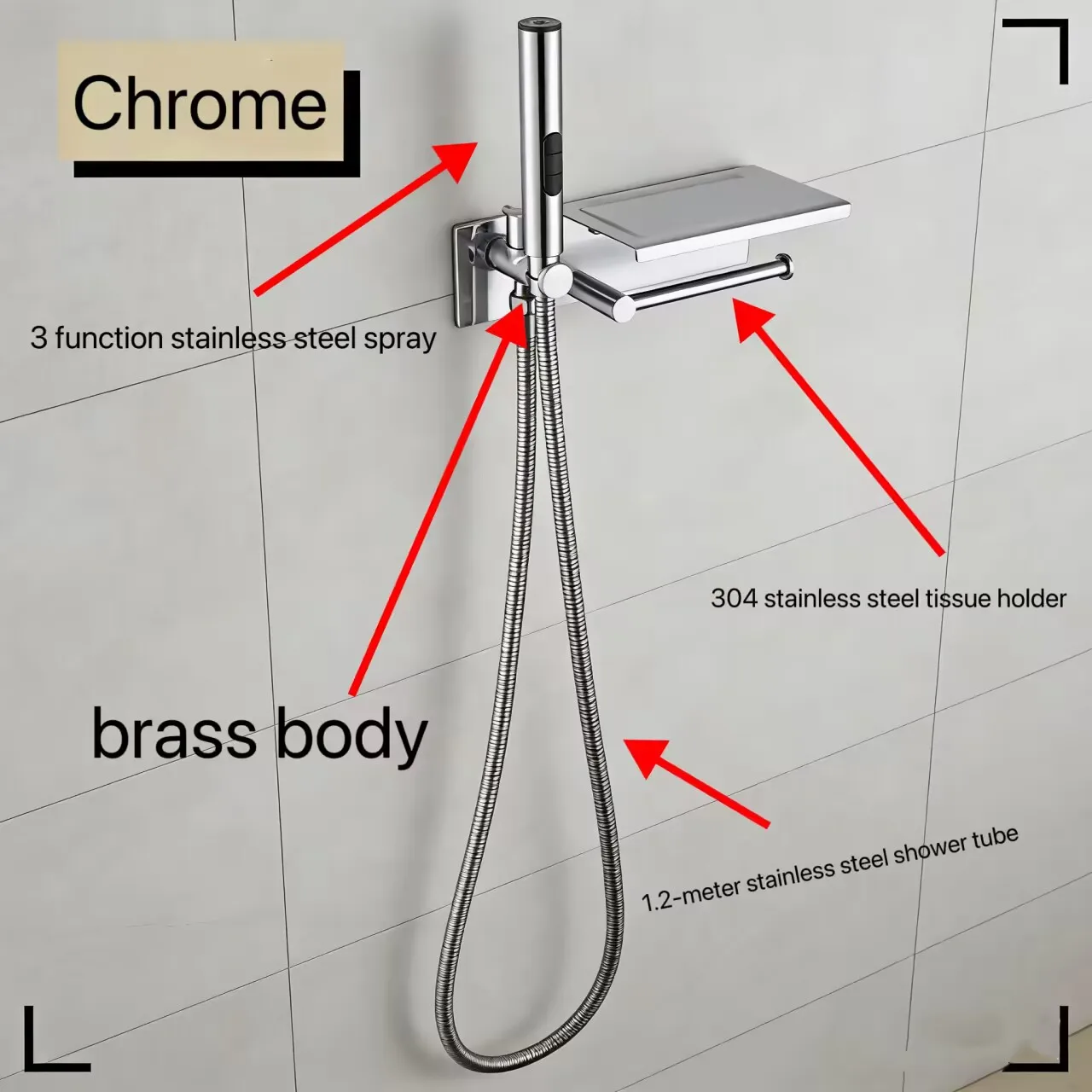 Brushed Gold Bidet 3 Functions Sprayer Concealed Button Brass Valve with Commodity Shelf Paper Holder Plastic Sprayer 1.2M Hose