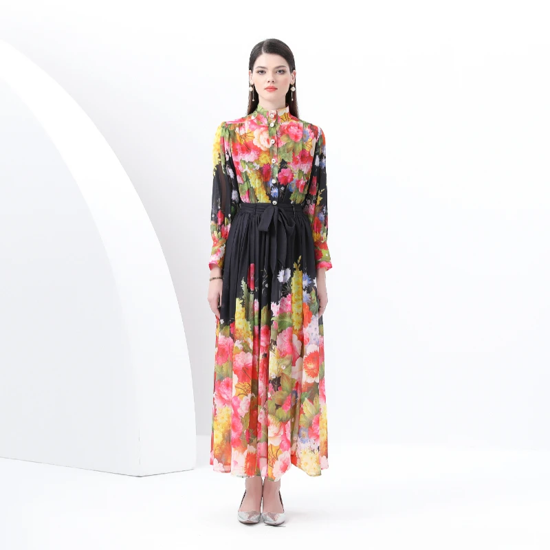 

Early Spring Holiday Sle Print Skirt Set with Saes Flared Hem Stand Collar Four Piece Women's Faion Ensemble