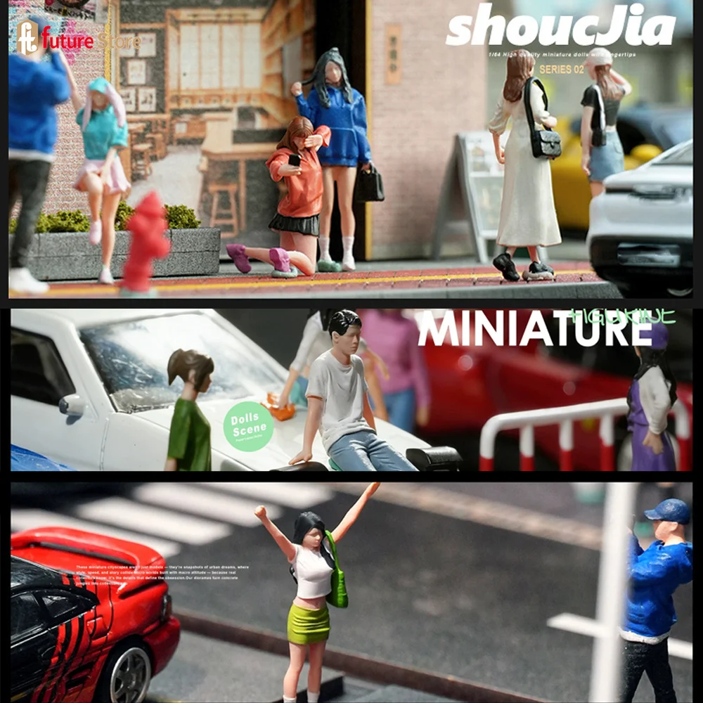 Bemalte 1/64 Fashion Girl Boy Street Photography Walk Stand männliche weibliche Miniaturfiguren 3D Diorama-Puppe für Automodell-Dekoration