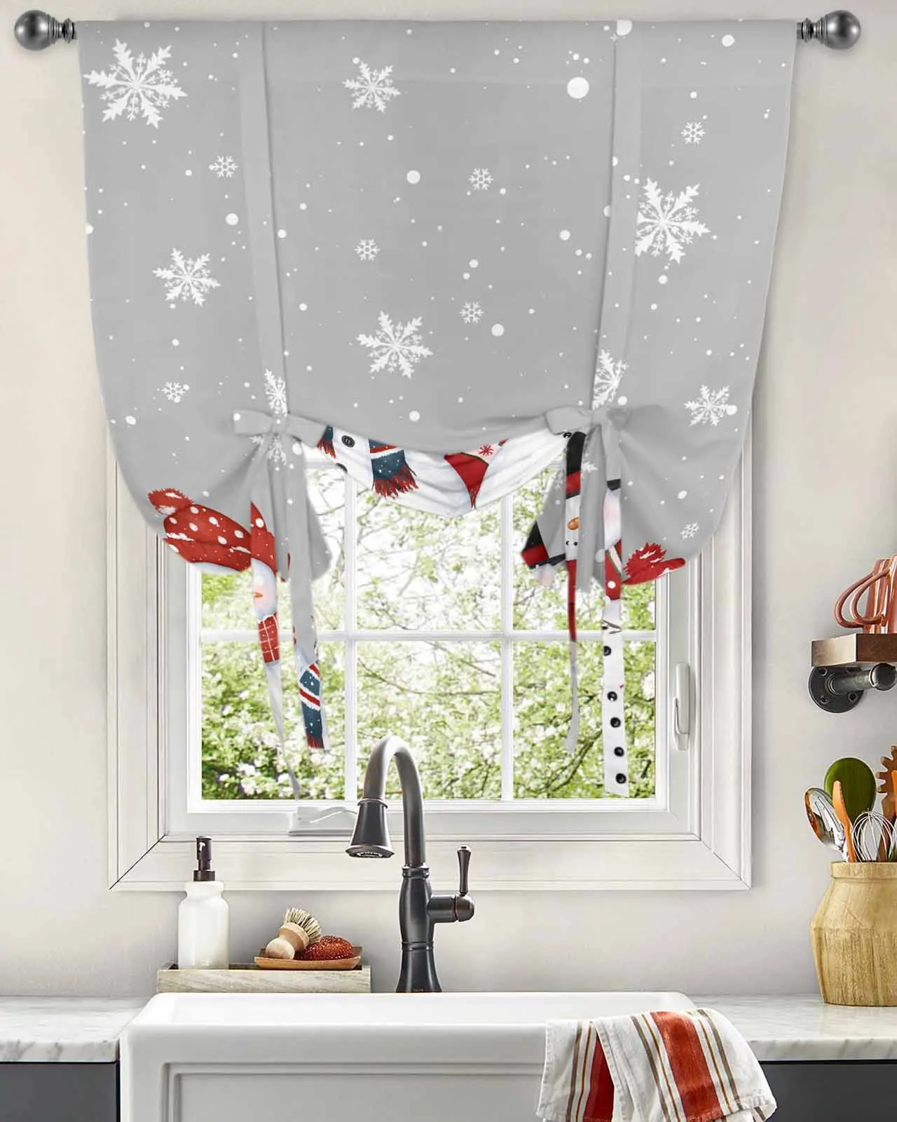 Christmas Snowman Snowflake Gray Short Balloon Curtain Tie Up Valance Home Bedroom Kitchen Partition Decor Window Curtain