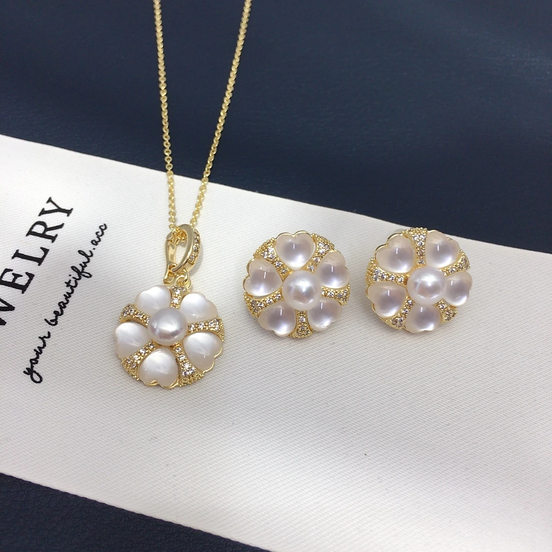 

Набор украшений ZHBORUINI из натурального пресноводного жемчуга: ретро-модный комплект с подвеской в виде цветка из камня «кошачий глаз» и универсальной застежкой для банкетов, для женщин