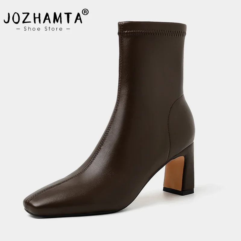 JOZHAMTA Size 34-42 Stretch Ankle Boots For Women Soft Leather Elastic Block High Heels Shoes Winter 2025 Office Short Booties