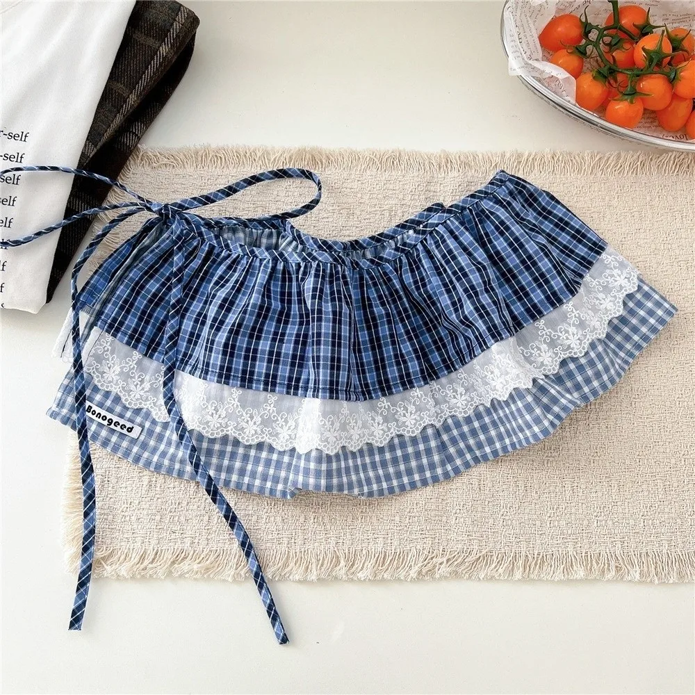 Elegant Balletcore Plaid Fart Curtain Lace Up Stacked Ruffle Short Skirts Layered High Waist Butt Curtain Jeans Decorative