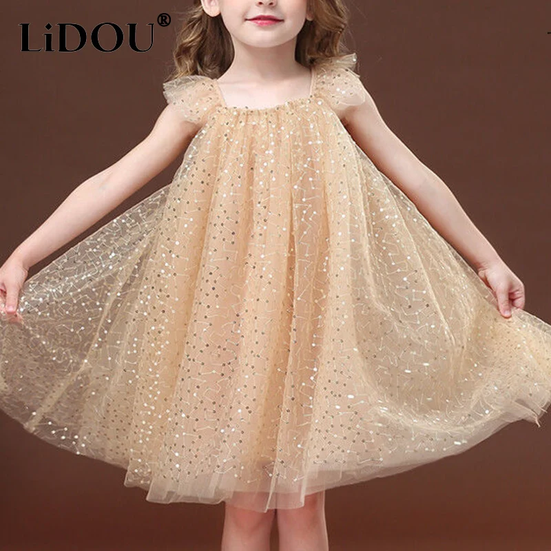 2023 New Korean Fashion Aesthetic Elegant Dress Creative Chic Vintage Kawaii Sleeveless Solid Color Children Girls Clothes