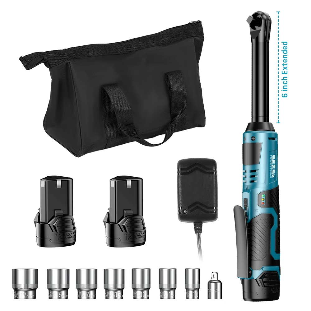 SEESII 3/8 "clé électrique sans fil 55Nm 6" clé à cliquet étendue 12V clé d'angle Rechargeable outils de réparation de voiture avec 2 piles
