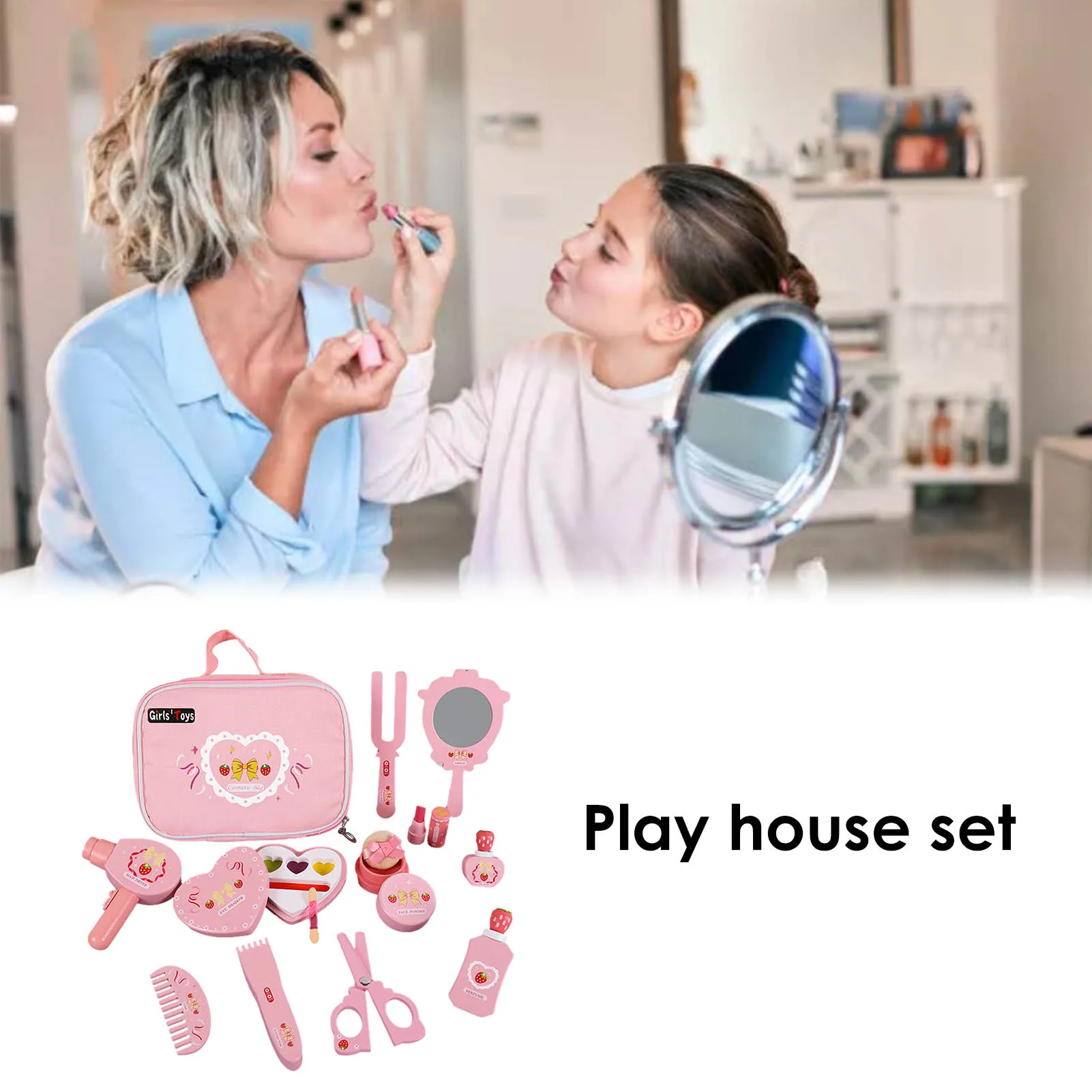 

Toddler Wooden Makeup Kit Kids Makeup Playset Toy 12-Pieces Pretend Salon Toys With Cosmetic Bag Girls Beauty Makeup Set For