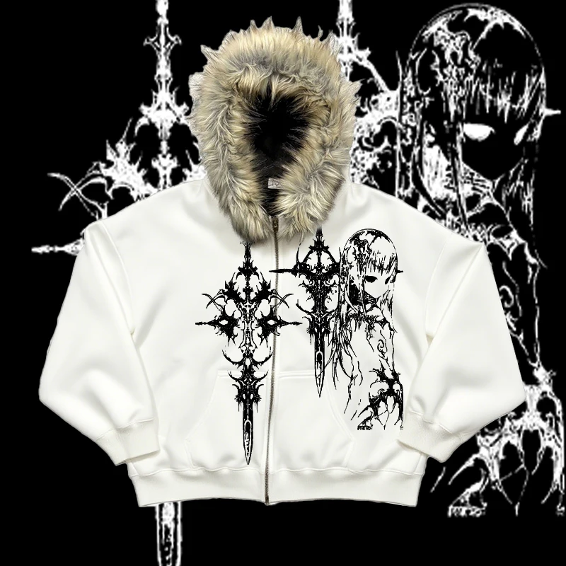 

Y2K anime Gothic elements creative imitation plush thick warm fur collar hooded sweater lazy cardigan plush couple emo plush jac