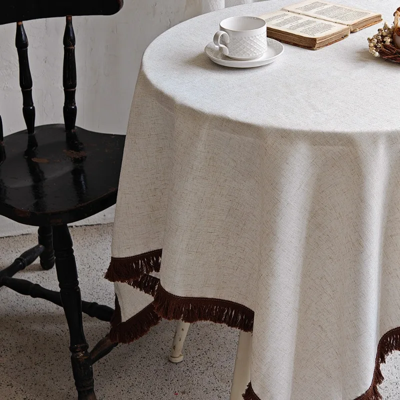 

New Solid Color Round Tablecloth Cotton Linen Fabric Tassel Table Cover for Kitchen Dinning Farmhouse Tabletop Decoration