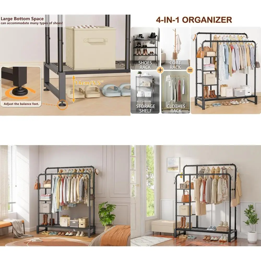 

4-Tier Heavy Duty Clothes Rack with Hooks, Multifunctional Storage Organizer for Bedroom, Closet, or Shop - Black