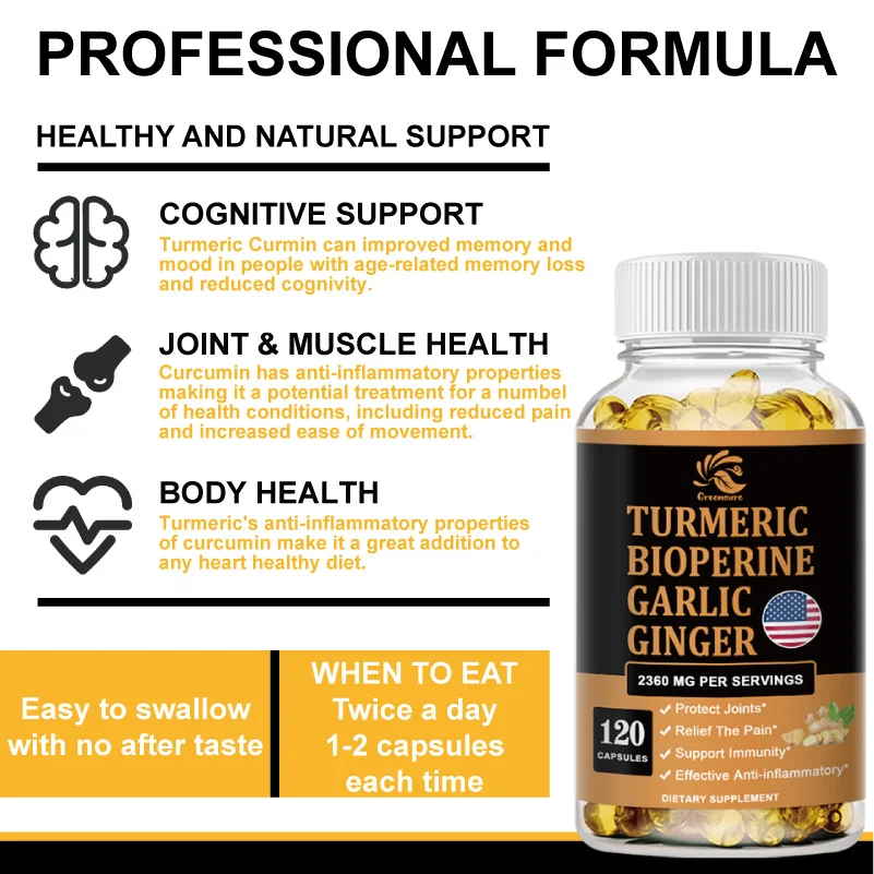 Greensure Turmeric, Ginger Root, Garlic Pills, Black Pepper Capsule for Joint, Digestion & Immune Support - 60/120 Capsules