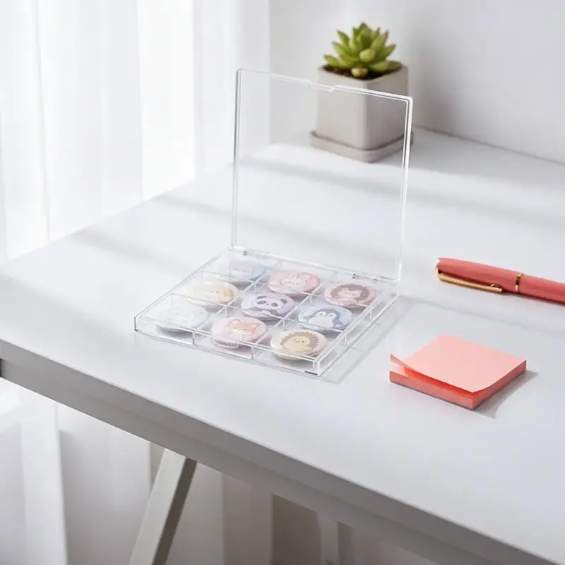 Plastic Badge Display Stand 9-Grid Transparent Desktop Organizer for Anime Pin Collection Home Office Desk Storage