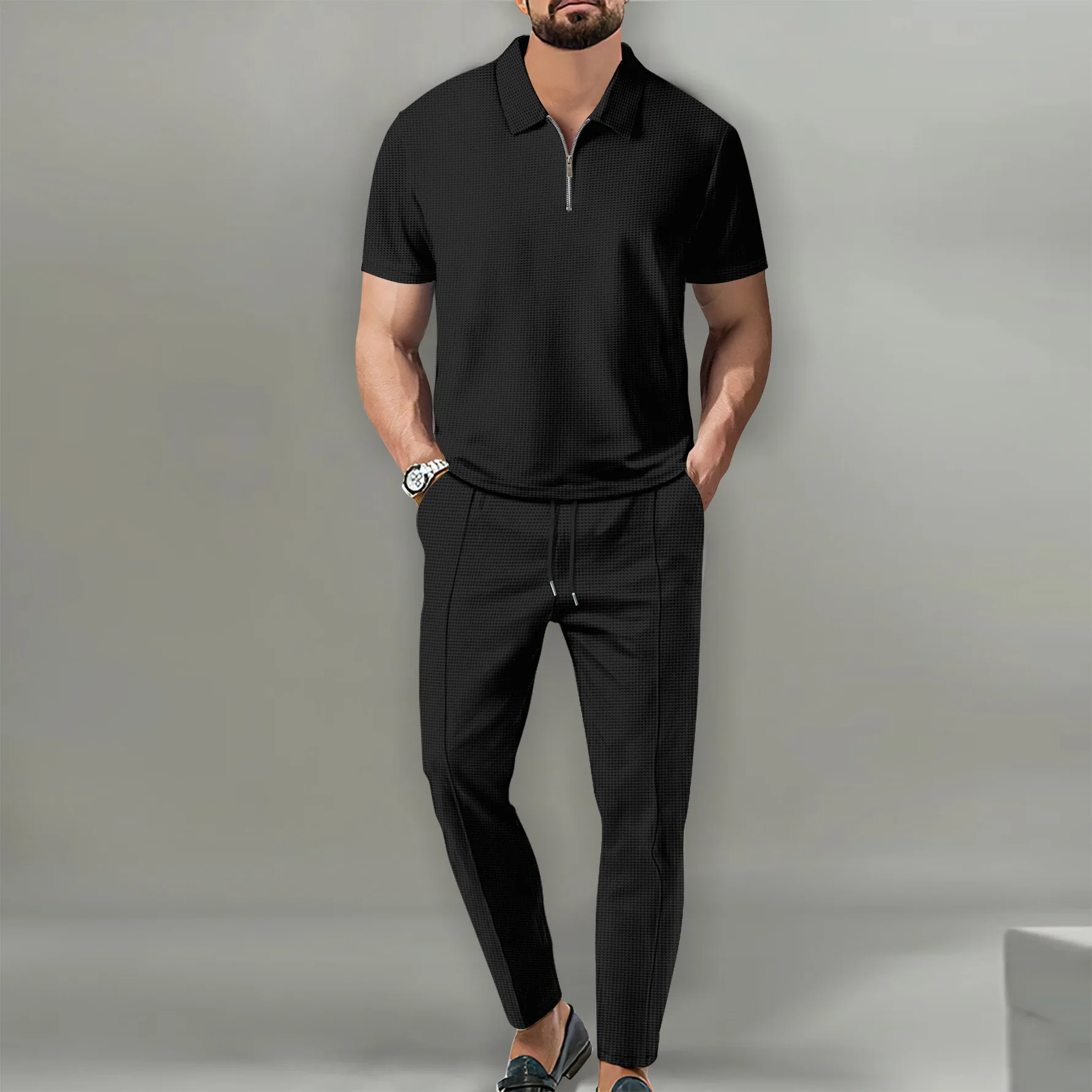 Pop 2025 Spring Summer Men Suits Solid Color Waffle Lapel Slim Fit Casual Fashion Zip-Up Short Sleeve Shirts Suit Long Pants Two