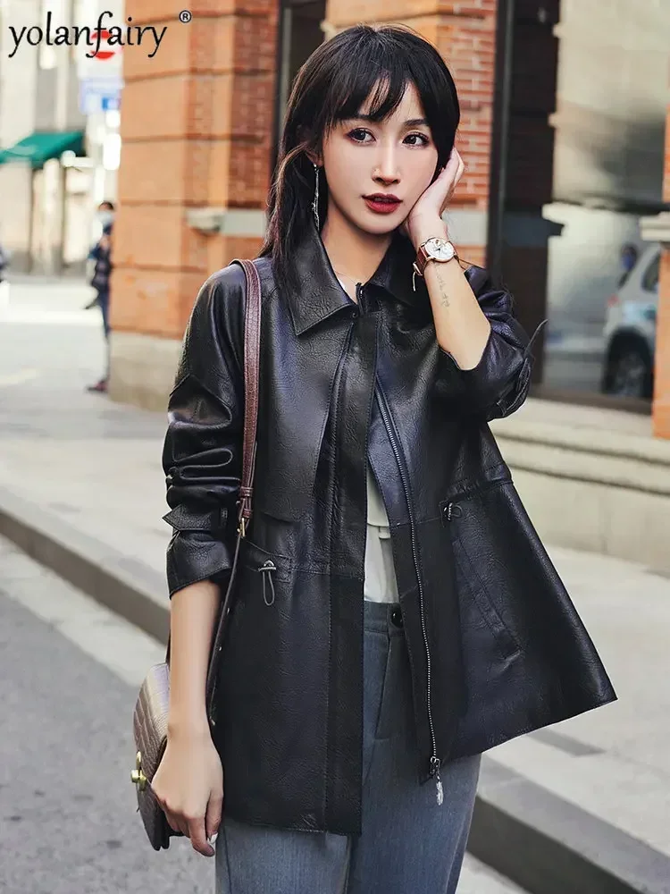 YOLANFAIRY Genuine Leather Jacket Women Sheepskin Coat Printed Bubble Leather Waistband Loose Women's Leather Coat Large Clothes