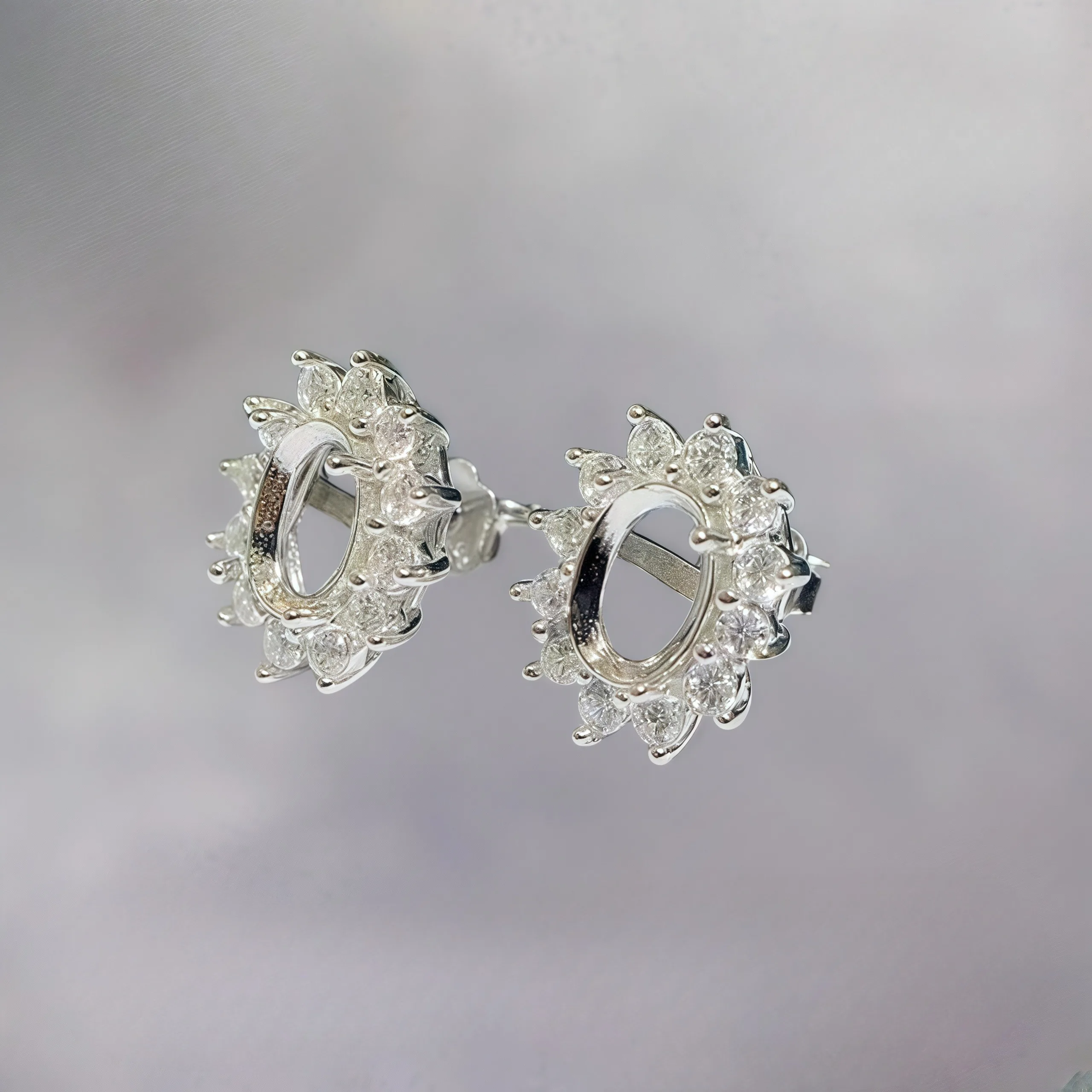 L S925 Sterling Silver DIY Empty Holder Earrings Settings 4*6/5*7/6*8mm Oval Stone Fine Charm Jewelry Flower Design for Woman