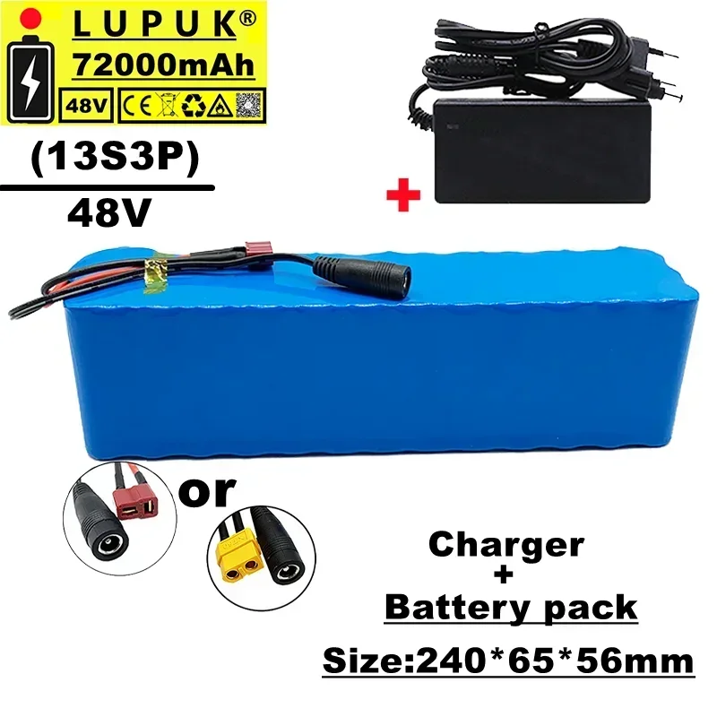 

48V lithium ion battery pack, 13s3p, 72000 MAH, 1000W, t plug or XT60 plug connection port, for bicycle, built-in bms+ charger