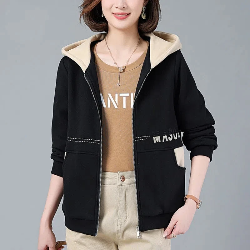 Mother\'s Cardigan Sweatershirt For Women spring and autumn 2022 New Loose Patchwork Hooded Short Coat Female Print Jacket