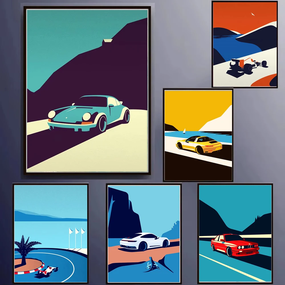 Póster de coche clásico 911, tendencia Retro escandinava, arte de pared de coche, pintura en lienzo rojo, amarillo, verde y blanco, decoración para sala de estar, 1 ud.