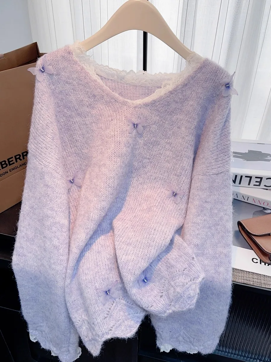 

Фиолетовый вязаный свитер с кружевом и длинными рукавами для женщин, весна-осень, из шерсти, красивый и стильный топ