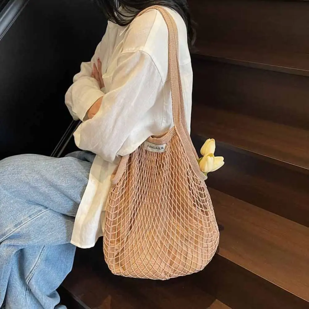 

Polyester Hollow Woven Shoulder Bag Korean Style Pockets Mesh Handbags Edge Covering Large Capacity Summer Beach Tote Bags