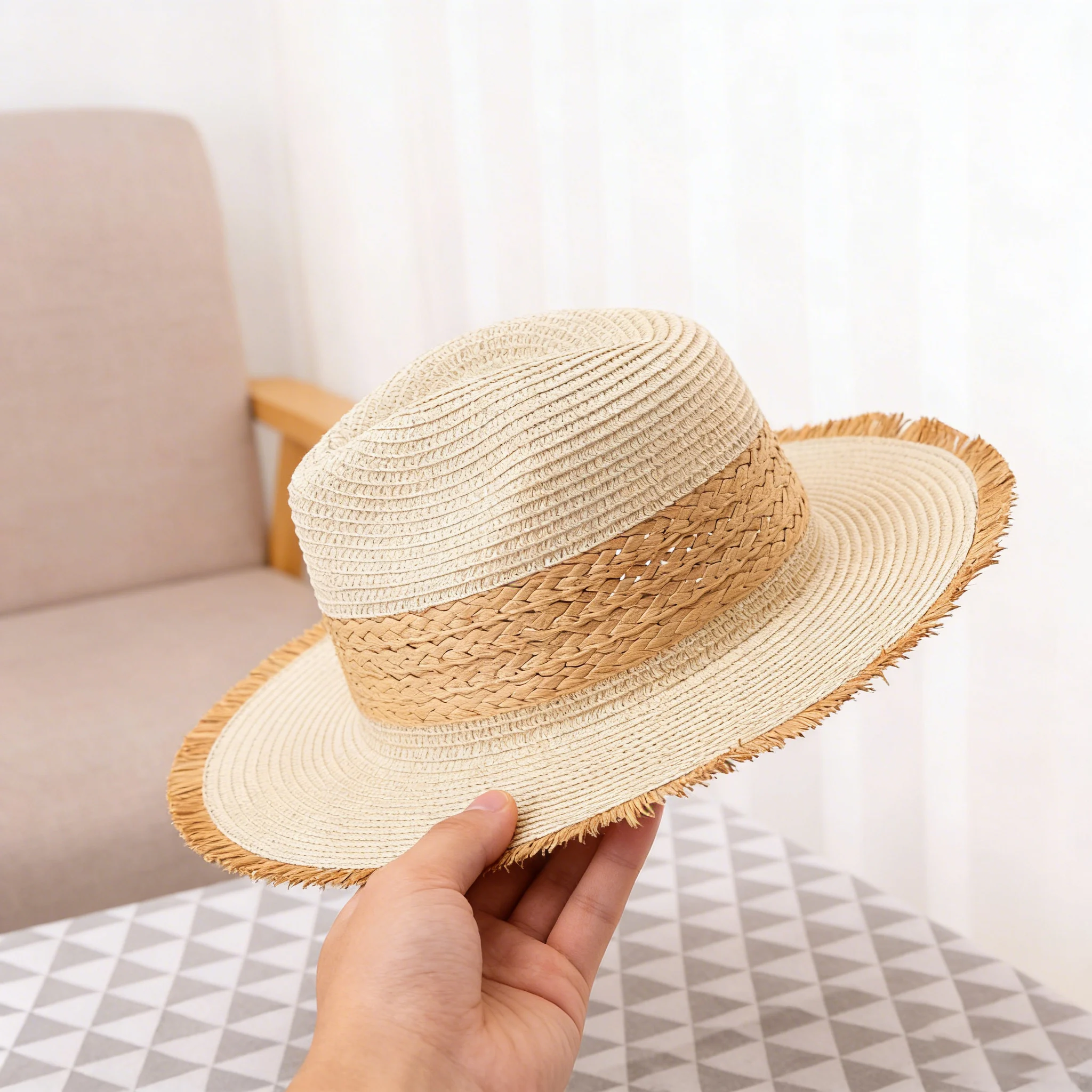 Womens Vintage Straw Hat Two Tone Raw Edge Oversized Brim Korean Style Sun Protection Beach Summer Fashion Luxury Trendy Sun Hat