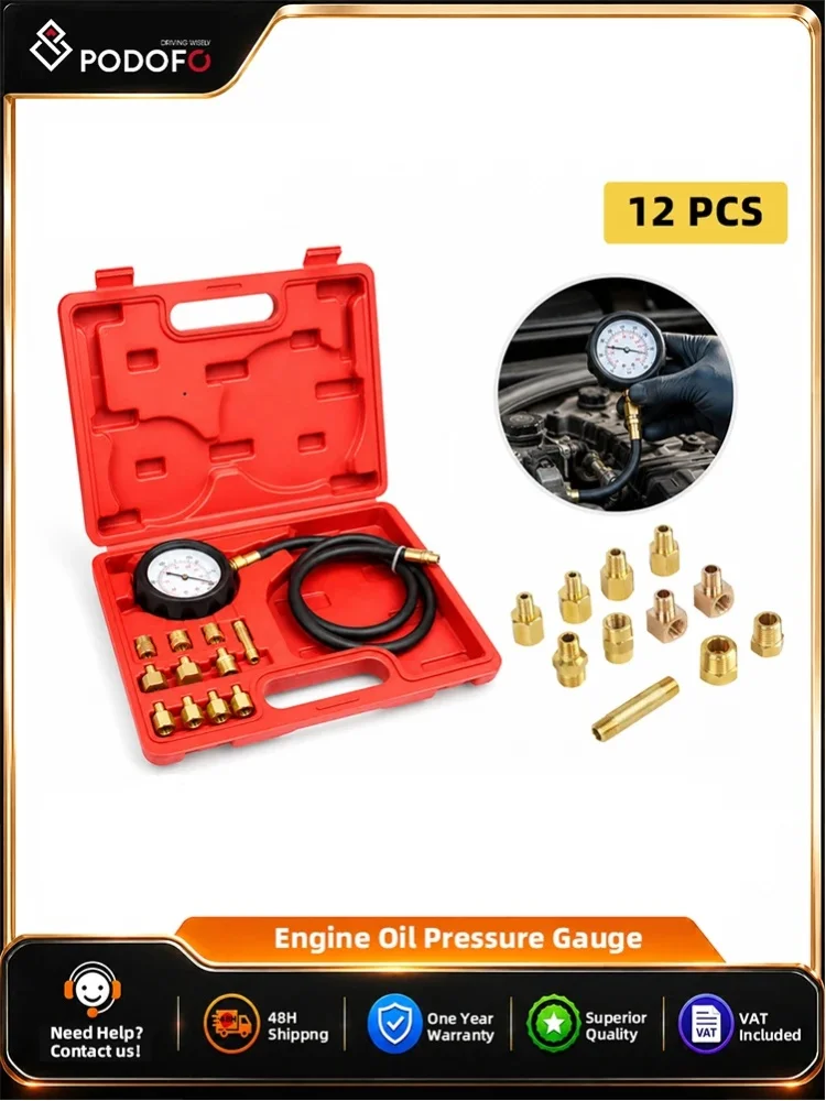 Podofo 12-teiliges Motoröldruck-Testkit 500psi Automatikgetriebe-Druckmesser Kfz-Hydraulikdruckmesser für Motordiagnose mit Schlauch und Adaptern