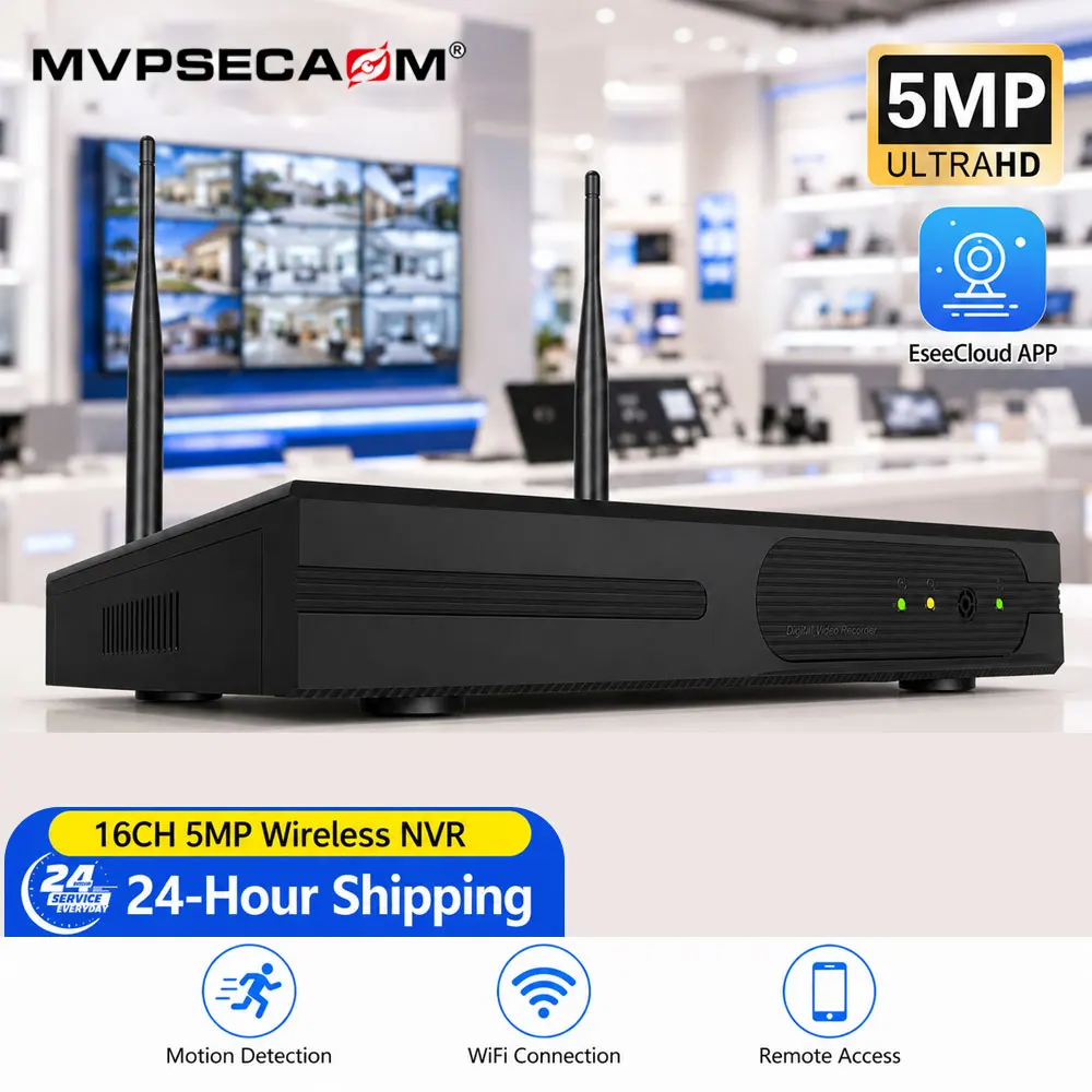 Registratore Video di Rete Wireless Ultra HD 5MP a 16 Canali con Doppia Antenna WiFi, Host NVR EseeCloud, Visualizzazione Remota da Telefono, Rilevame