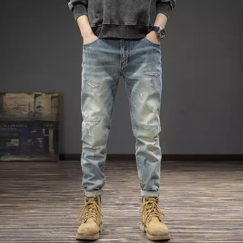 

Street Fashion Men Jeans Retro Washed Blue Stretch Slim Fit Patched Ripped Jeans Men Vintage Designer Hip Hop Denim Pants Hombre