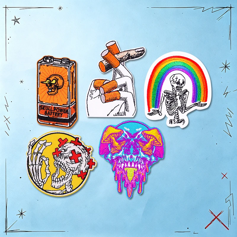 5PCS/Set Tape Mushroom Skull Patch Punk Rock Music Embroidered Patches For Clothes Iron On Patches DIY Jackets Jeans Sew Badges