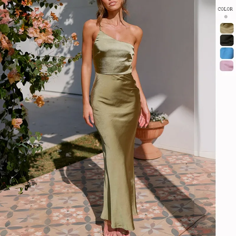 Elegant Party Dress Spaghetti Strap Wedding Guest Dresses High Waist Maxi Dress One Shoulder Evening Long Olive Green Black