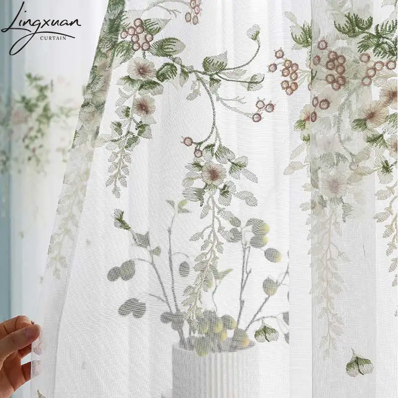 Korean Embroidered Tulle Curtains for Living Room Floral Sheer Voile Curtain For Bedroom Kitchen Window Treatment Blinds Customs