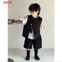 Boys' Sets Vest +Button Shirt +Shorts 3 Pieces Summer Suits Chinese Traditional Clothing 2024 Fashion Handsome Children's Set