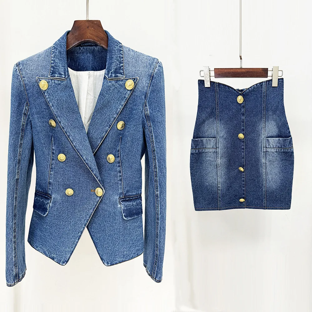 Lady Sexy Casual Slim Fit Double-Breasted Washed Distressed Design Denim Suit Jacket Blazer Hip-Wrap Single-Breasted Skirt Suit