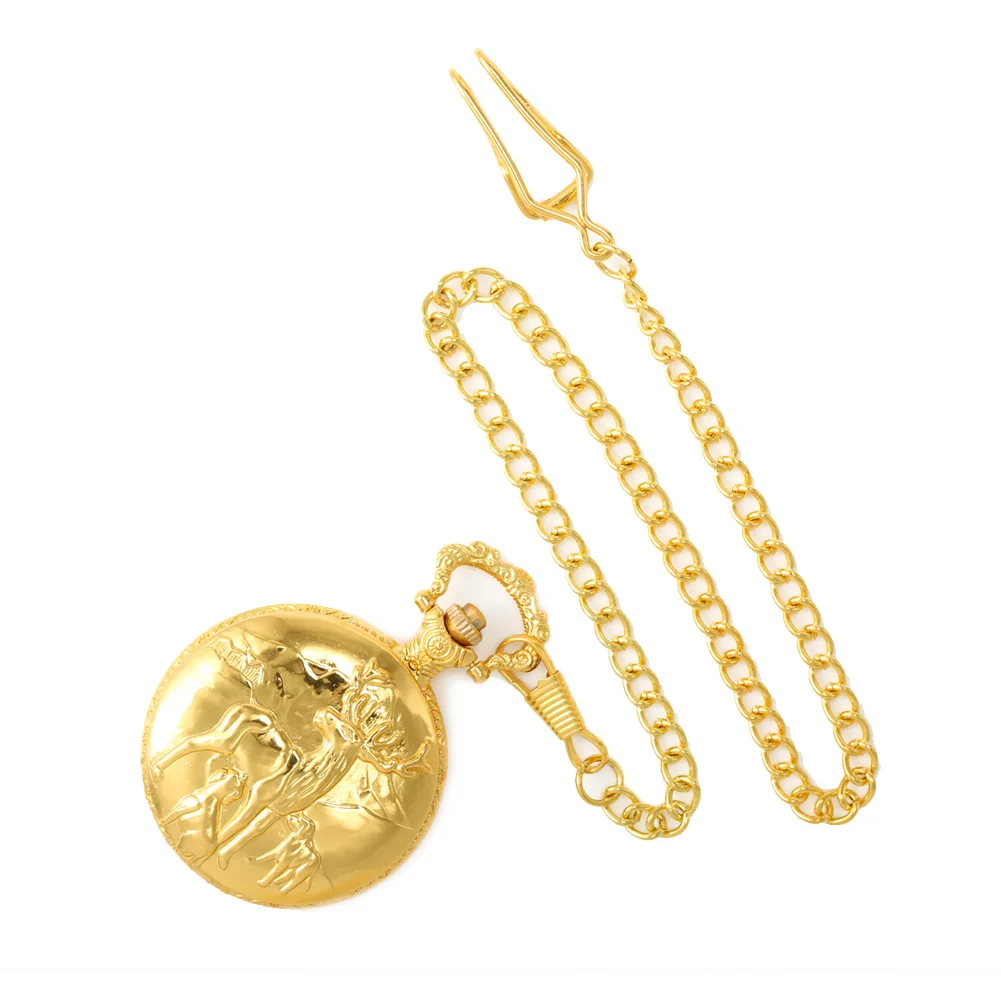 Orologi da tasca in oro Animale Alce Cervo Orologio meccanico al quarzo Collana con ciondolo Orologio a catena Regalo di alta qualità