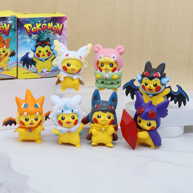 7 unids/set Pokemon Cosplay figura conjunto Pikachu en disfraz, Kawaii acción PVC modelo colección regalo para Fans