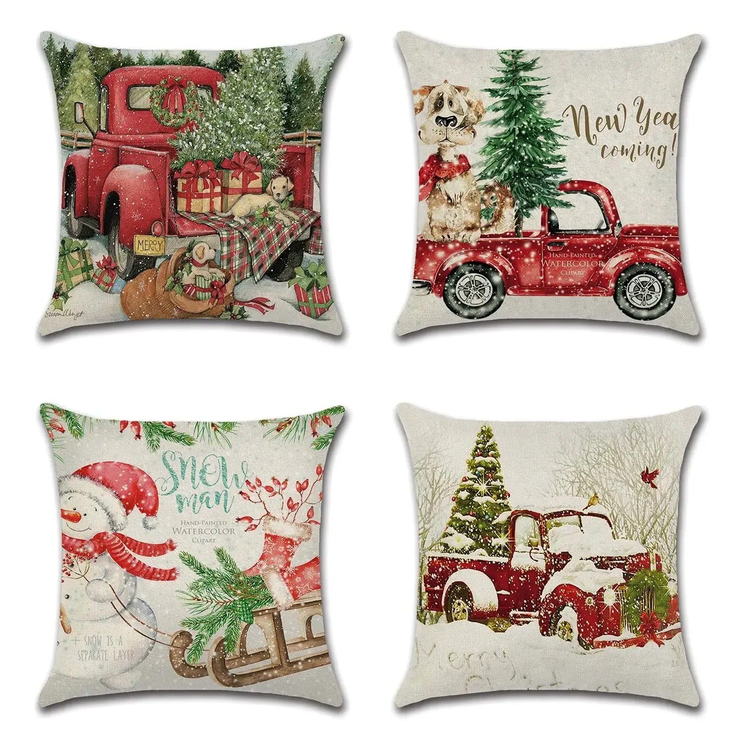 Christmas red truck Christmas tree snowman linen pillowcase sofa cushion cover home improvement can be customized for you 40x40