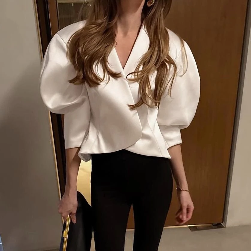 New Autumn Fashion Long-sleeved Jacket Satin Puff Sleeves Irregular European and American Style Light Luxury Tops Niche