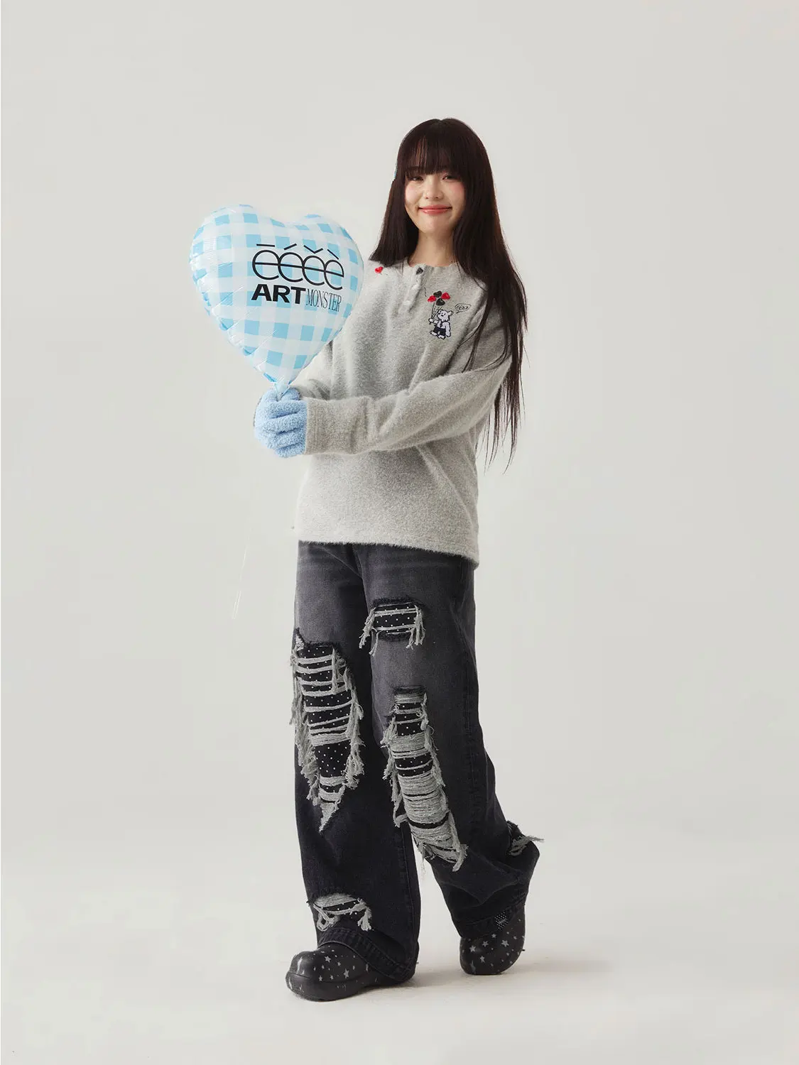 Retro Eeee Vintage Distressed Denim Jeans Polka Dot Patchwork Elastic Waist Straight Leg Long Pants Youth Casual Cotton 100%